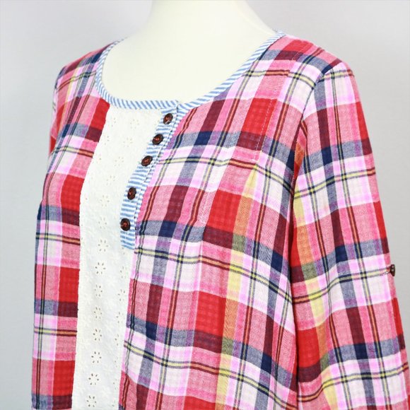 Niko and… Red Plaid Striped Button Front Floral Eyelet Tunic Women’s Size M - Picture 6 of 16
